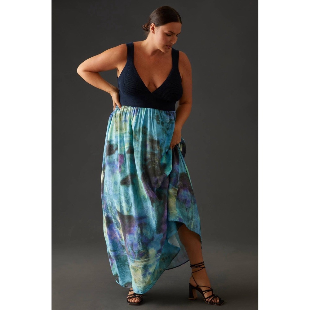 Anthropologie Maxi Dress Womens XL Blue Knit Twofer Midi Summer Watercolor